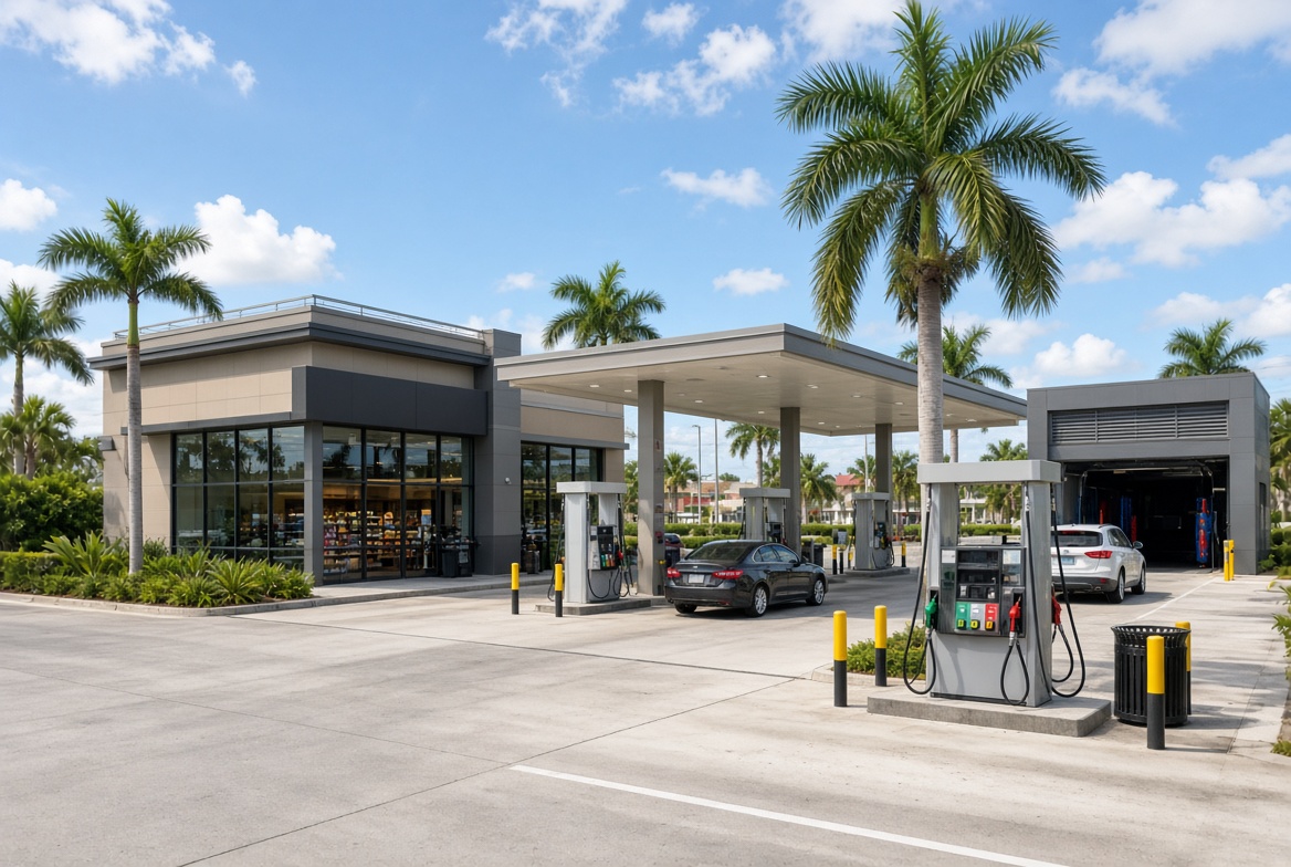 Gas station with convenience store and car wash