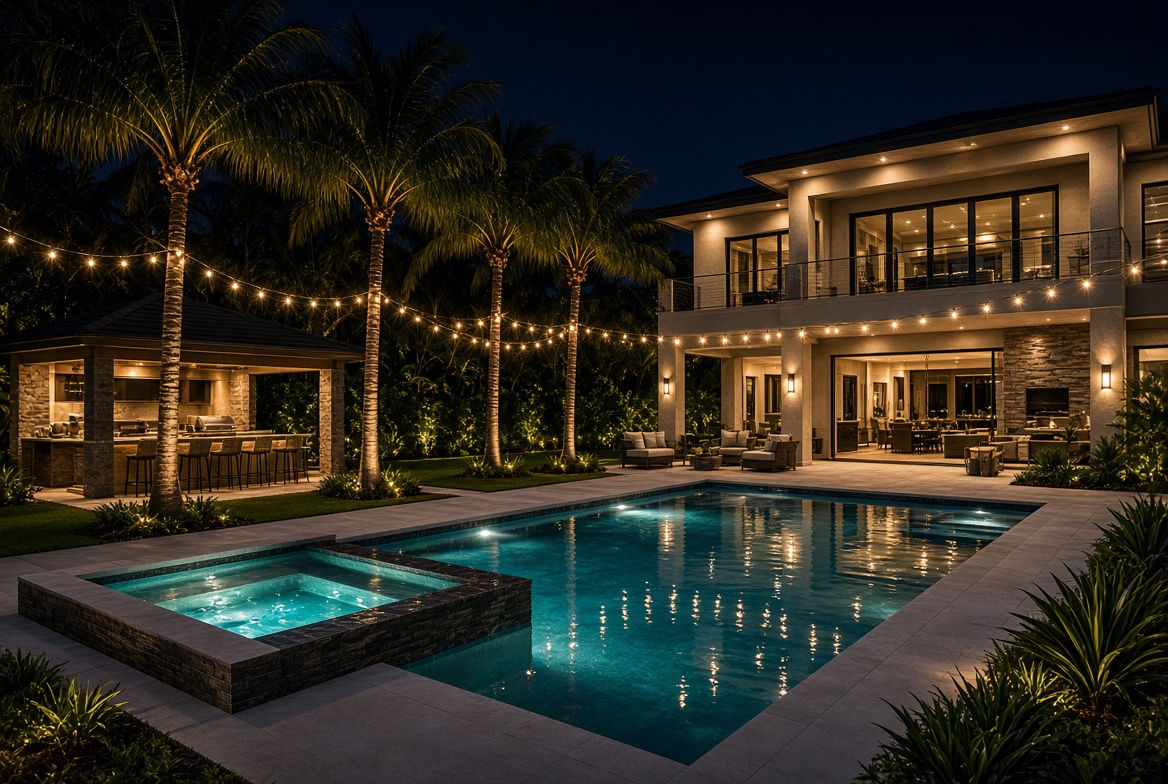 Nighttime luxury home with pool