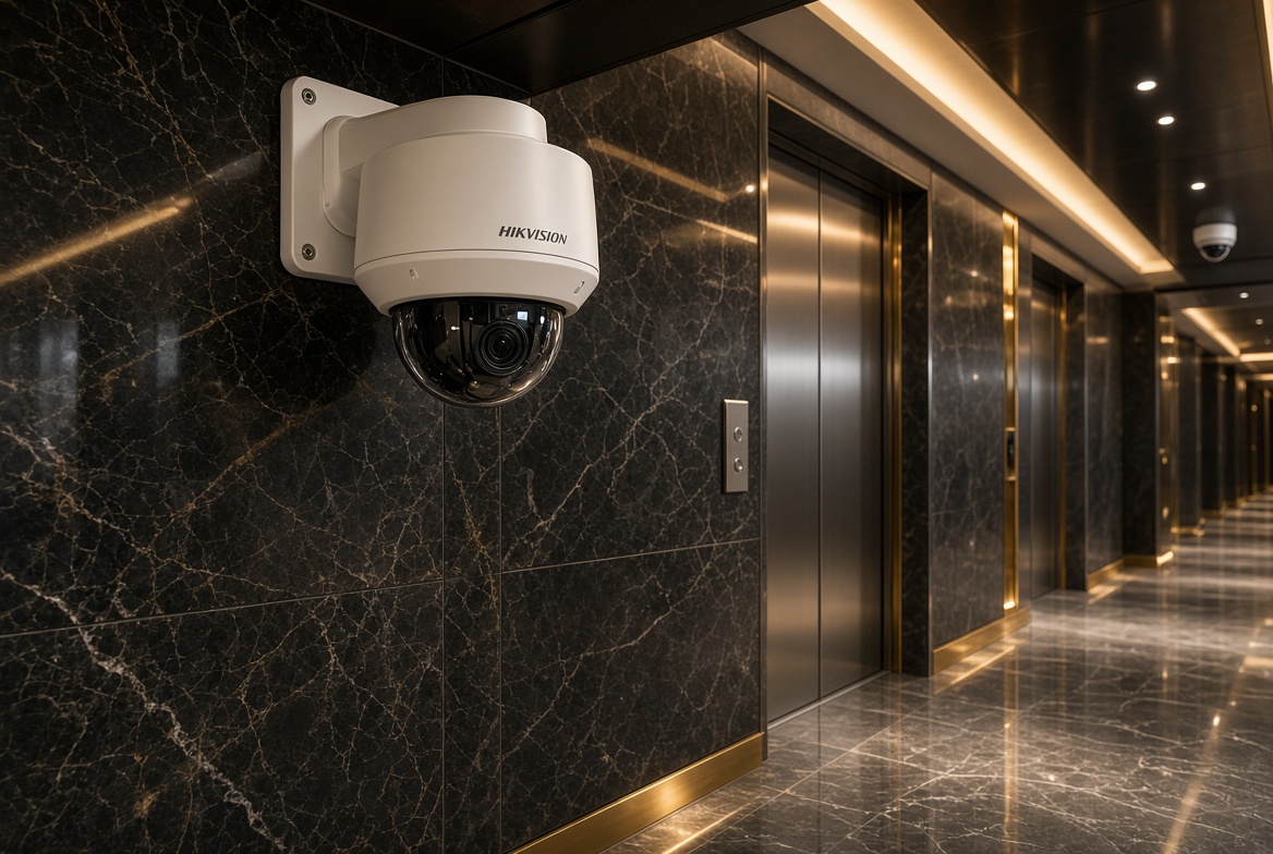 Dome camera watching a high-rise elevator lobby