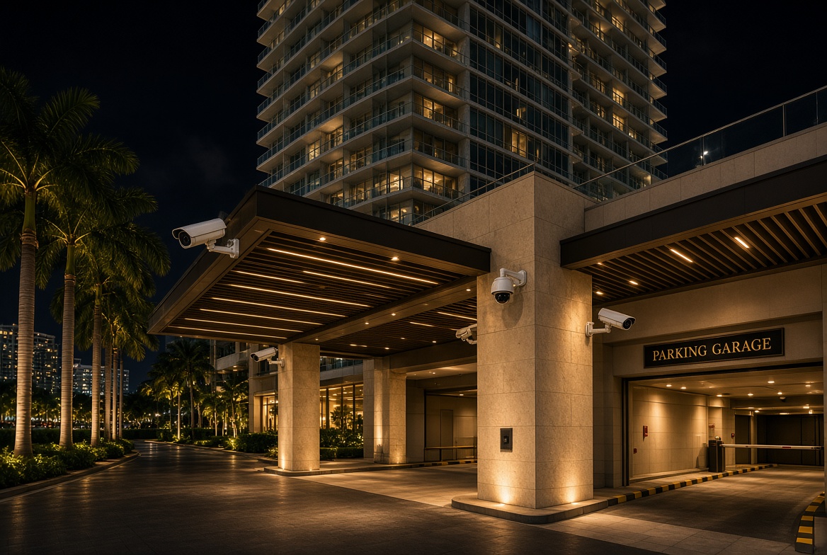 CCTV at a high-rise porte-cochere and parking garage