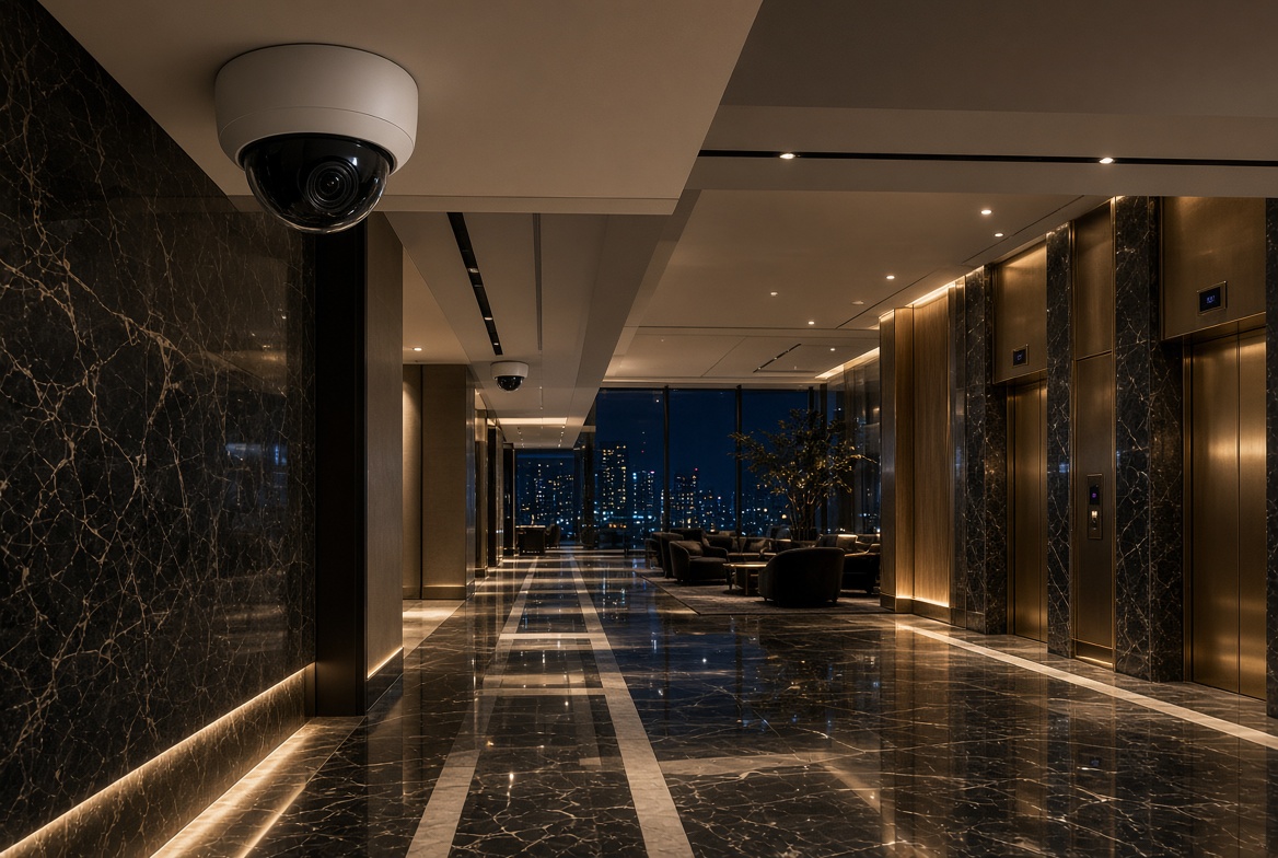 CCTV coverage in a high-rise tower lobby