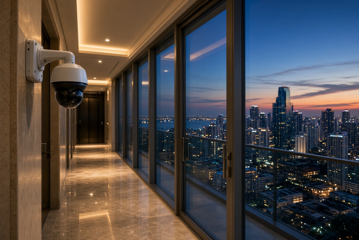 Corridor camera in a high-rise with city views
